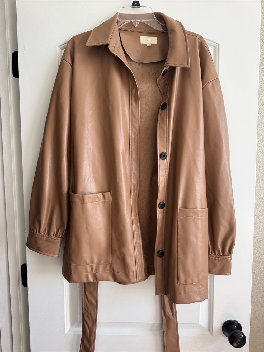 MELLODAY Tan Vegan Leather Button-Up Jacket